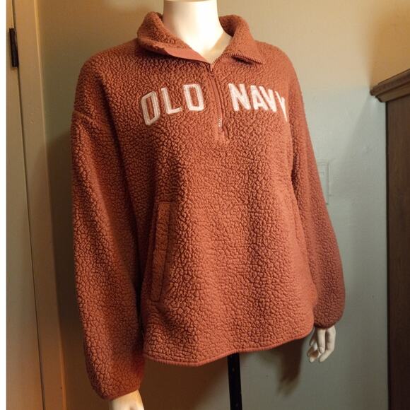 Old Navy Sherpa Half Zip Fleece Pullover Sweatshirt Dusty Red Logo Cozy Large - Picture 1 of 12